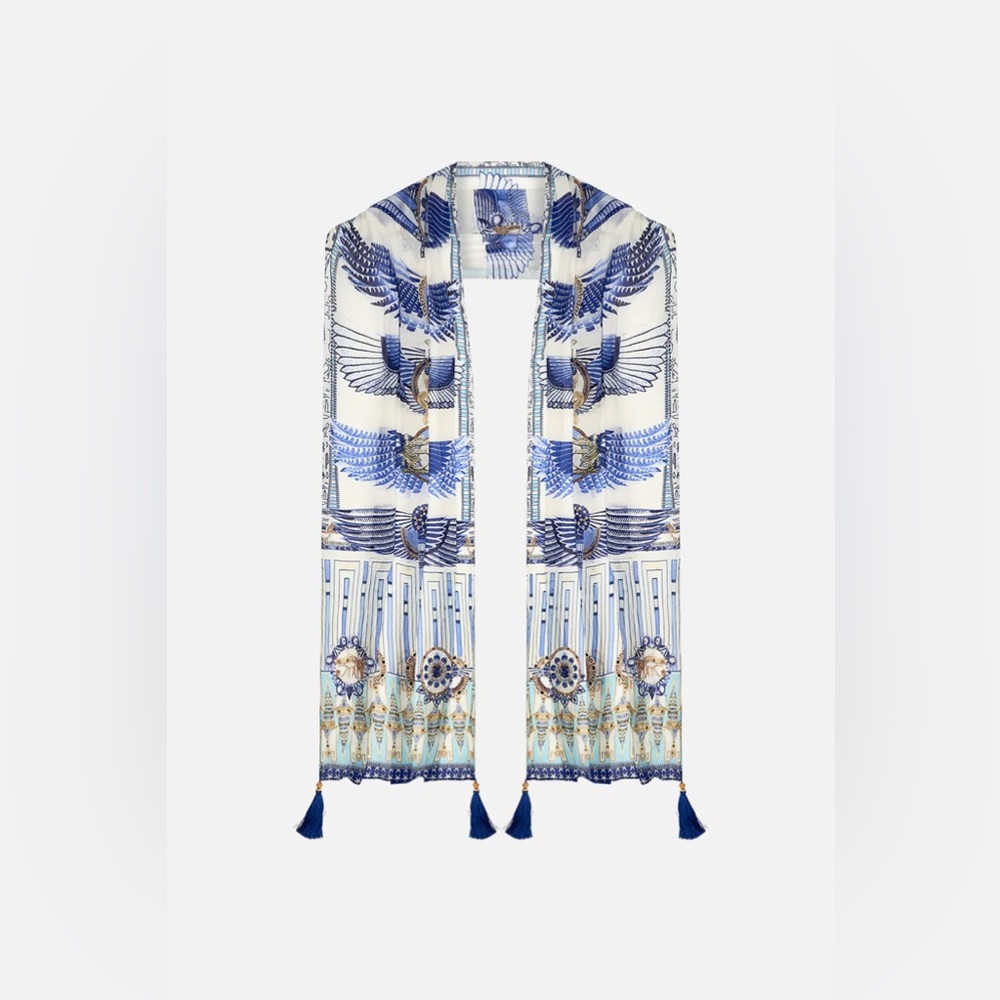 Camilla “Dancing With Daylight” blue white silk Egyptian motif scarf belt wrap
